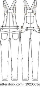 Women Girls Overall Jumpsuit Fashion Flat Sketch Template. Technical Fashion Illustration.