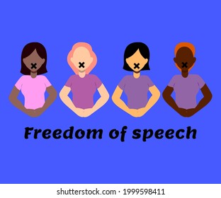 Women and girls with sealed mouth on blue background, freedom of speech, vector illustration