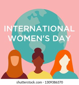 women or girls standing together with planet on the back, union of feminists, sisterhood. Flat cartoon characters isolated on  background. Colorful vector illustration. Mslim, indian, african women.