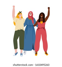 Women or girls are standing together. We are stronger together. Diversity, sisterhood, girl power concept hand drawn doodle sketch illustration in cartoon flat style