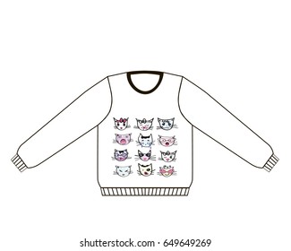 women or girl's sweatshirt with colorful cute kitten print, technical sketch, vector, isolated objects