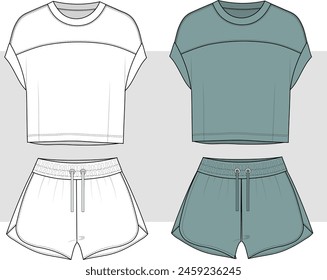 women and Girls top shorts set vector, home wear, sport wear illustration fashion design. Lounge Wear Set Fashion Flat Templates.