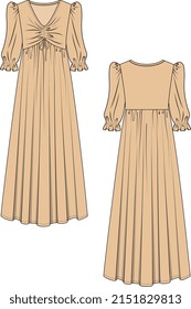 WOMEN AND GIRLS WEAR LONG CHIFFON WOVEN DRESS FRONT AND BACK VECTOR SKETCH