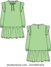 WOMEN AND GIRLS WEAR LONG CHIFFON WOVEN DRESS FRONT AND BACK VECTOR SKETCH