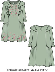 WOMEN AND GIRLS WEAR LONG CHIFFON WOVEN DRESS WITH FLORAL EMBROIDERY WORK FRONT AND BACK VECTOR SKETCH