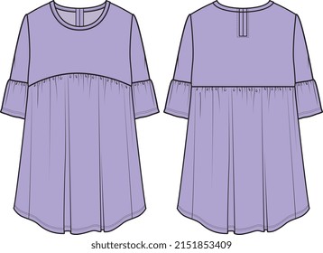 WOMEN AND GIRLS WEAR LONG CHIFFON WOVEN DRESS FRONT AND BACK VECTOR SKETCH