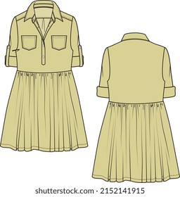 WOMEN AND GIRLS WEAR LONG CHIFFON WOVEN DRESS  FRONT AND BACK VECTOR SKETCH