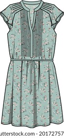 WOMEN AND GIRLS WEAR WOVEN DRESS IN CHIFFON FABRIC WITH FLORAL PATTERN VECTOR