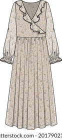 WOMEN AND GIRLS WEAR WOVEN DRESS IN CHIFFON FABRIC WITH FLORAL PATTERN VECTOR