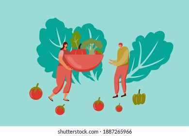 Women give men a delicious vegetarian diet that contains broccoli, tomatoes are a great vitamin for health food.