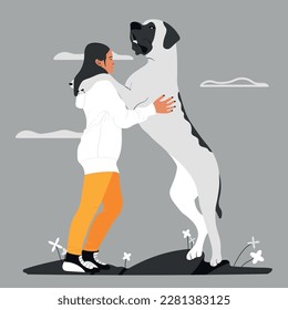 Women giving hug to her big dog flat vector illustration