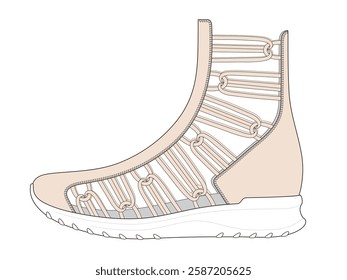 Women gladiator sandals technical flat drawing vector mockup illustration.