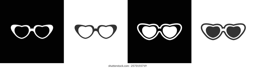 Women glasses, Love shaped glasses. Sunglasses icons. Simple different sunglasses. Eyewear Sun Protection Sunglass Vector Illustration in black, white and transparent background. Eps10