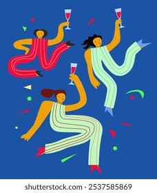 Women with glasses of wine in hand dancing at a disco