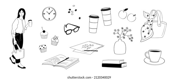 women going with coffee cup, set of coffee time elements-cups, books, wall clock, coffee beans, cupcakes. Black outline on white background.