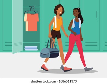 Women going to the gym while talking in the locker room holding a gym bag flat vector illustration
