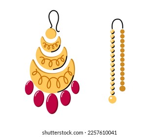 Women gold chandelier earrings doodle hand drawn vecror illustration. Hand made and craft jewelry concept.