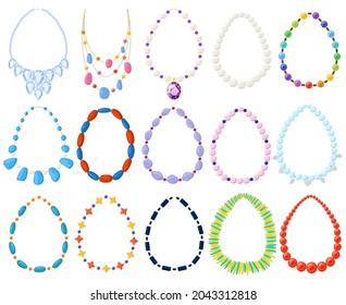 Women gold, silver, pearl jewel beads and necklaces. Cartoon women necklace, gold, silver, pearl, amber and turquoise bead vector illustration set. Jewel precious necklaces colored decoration gemstone