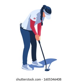 Women Golf. Girl getting ready to hit the ball. Flat vector illustration, isolated characters on white background.