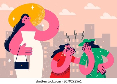 Women gossip about successful rich friend looking fabulous and happy. Females spread rumors about successful and confident encounter, feel jealous envious. Jealousy, popularity. Vector illustration. 