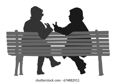 Women gossip at the break. Senior lady friends sitting on bench and talking in public park. Grandmothers spread rumors vector silhouette illustration. Backbite senior girls. Outdoor relaxation.