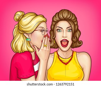 Women gossip pop art vector concept with woman whispering secret on ear, telling obscenity to shocked and amazed friend who listening with opened mouth illustration. Unbelievable sale announcement