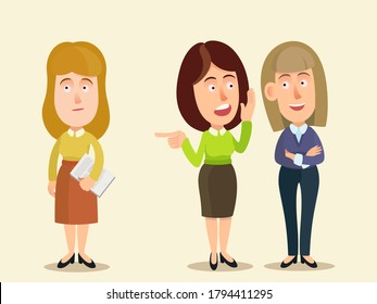 The women gossip and secretly discuss the new employee, spread rumors behind her back. Bullying, laughing and giggling behind woman back. Vector illustration, flat cartoon style, isolated background.