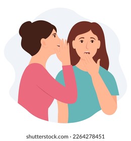 Women gossiping,  slandering, spreading secrets. Woman surprised when her friend talks whispering in her ear. Flat  vector illustration isolated on white background