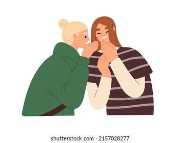 Las mujeres chismean, susurran secretos, cuentan noticias. Amigos chicas hablando, difundiendo rumores. Feliz novias riéndose, charlando, chateando. Ilustración vectorial plana aislada en fondo blanco