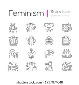 Women in government linear icons set. Paid maternity leave. Feminism. Equal education opportunities.Customizable thin line contour symbols. Isolated vector outline illustrations. Editable stroke