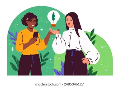 Women with green energy. Young girls with light bulb. Eco friendly activists and volunteers. Renewable electricity and sustainable lifestyle. Flat vector illustration isolated on white background