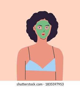 Women green mask and blue bra. Beautiful skin, scincare and Treatment. Flat vector illustration.