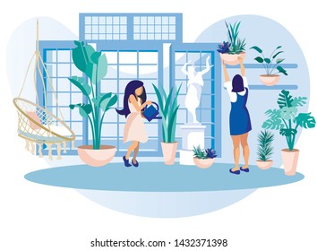 Women in Greenhouse Care of Garden Plants. Girls with Water Can and Cleaning Rag in Orangery Interior with Glass Walls, and Windows, Place for Grow Herbs and Flowers, Cartoon Flat Vector Illustration