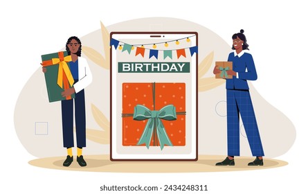 Women greetings birthday. Young girls with presents and surprises. Giftboxes for Christmas, New Years and birthday. Annual event, holiday and festival. Cartoon flat vector illustration