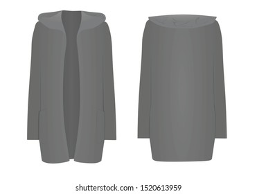 Women grey hooded cardigan. front open. vector illustration