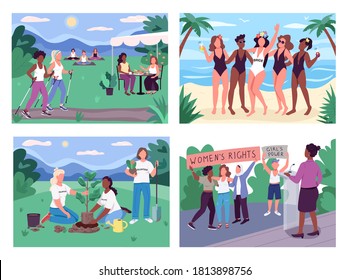 Women Group Activities Flat Color Vector Illustration Set. Hen-party. Healthy Lifestyle. Ecofeminism. Females Making History 2D Cartoon Faceless Characters Collection With Green Area On Background