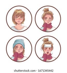 women group with corona virus scene vector illustration design