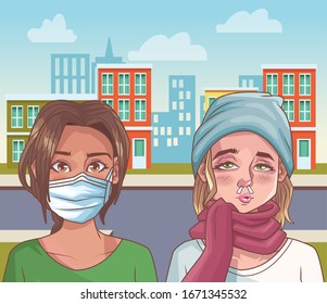 women group with corona virus scene vector illustration design