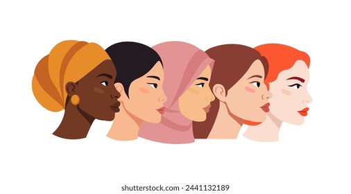 Women. Group of Women of different Ethnicity, Religion, skin color and hair. Concept for equality, international women's day, activism, feminism. Portraits of different women in profile.