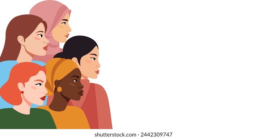 Women. Group of women of different Nationalities and Religions. Concept of Feminism, Struggle for Women's Rights. International Women's Day. Vector horizontal banner, poster