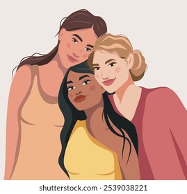 Women group women girls of different cultures and skin colors. Kind smiles pleasant emotions. Feminism. International Women's Day. Movements for gender equality and women's empowerment. Vector banner