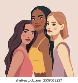 Women group women girls of different nationalities and skin colors stand together. Women's day. Movements for gender equality and women's empowerment. Vector banner