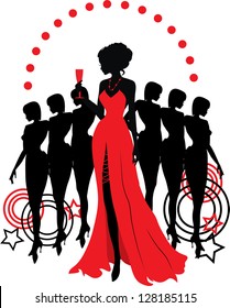 Women group graphic silhouettes. Different person in red