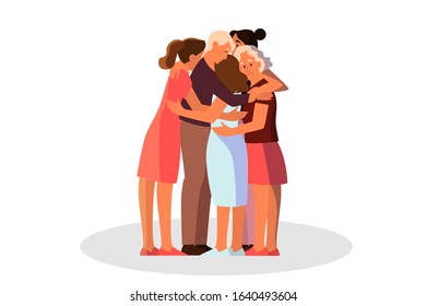 Women group hugging together. Female character support each other. Female team hug. The Me Too movement. Idea of care and humanity. Vector illustration in cartoon style