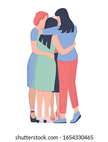 Women group hugging together. Female character support each other. Female team hug. The Me Too movement. Idea of care and humanity. Vector illustration in cartoon style