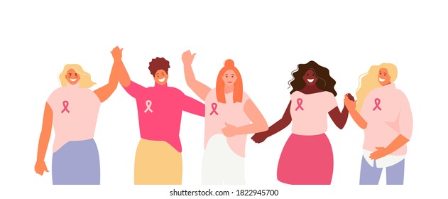 Women group in pink against breast cancer. Fight, solidarity and support vector illustration