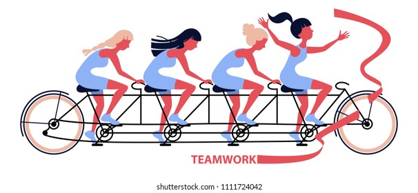 Women group riding fast on four person tandem bicycle, woman in good coordination. Successful collective teamwork cooperation concept. Flat vector illustration isolated on white background.