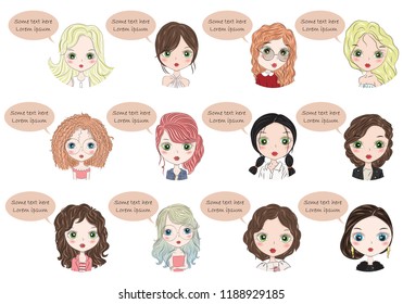 Women group social networking with speech bubbles.Chat Bubble Communication Concept. Talking Women Social Network Flat Vector Illustration