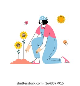 women grow sunflowers in the garden during spring flat vector design illustration