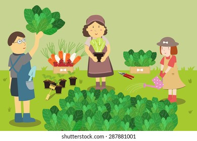 Women grow vegetables. Family farmers. Growing Vegetables in a Home Garden. Pretty girl. Vector illustration